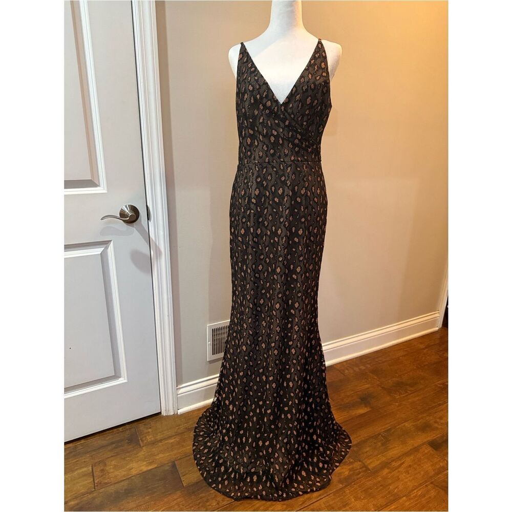 Dress the Population Black Maxi Dress with Copper Metallic Animal Print